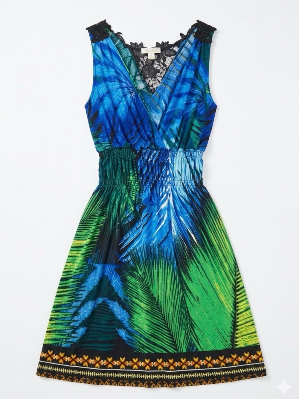 Lace-Trim Palm Print Midi Dress in Blue & Green